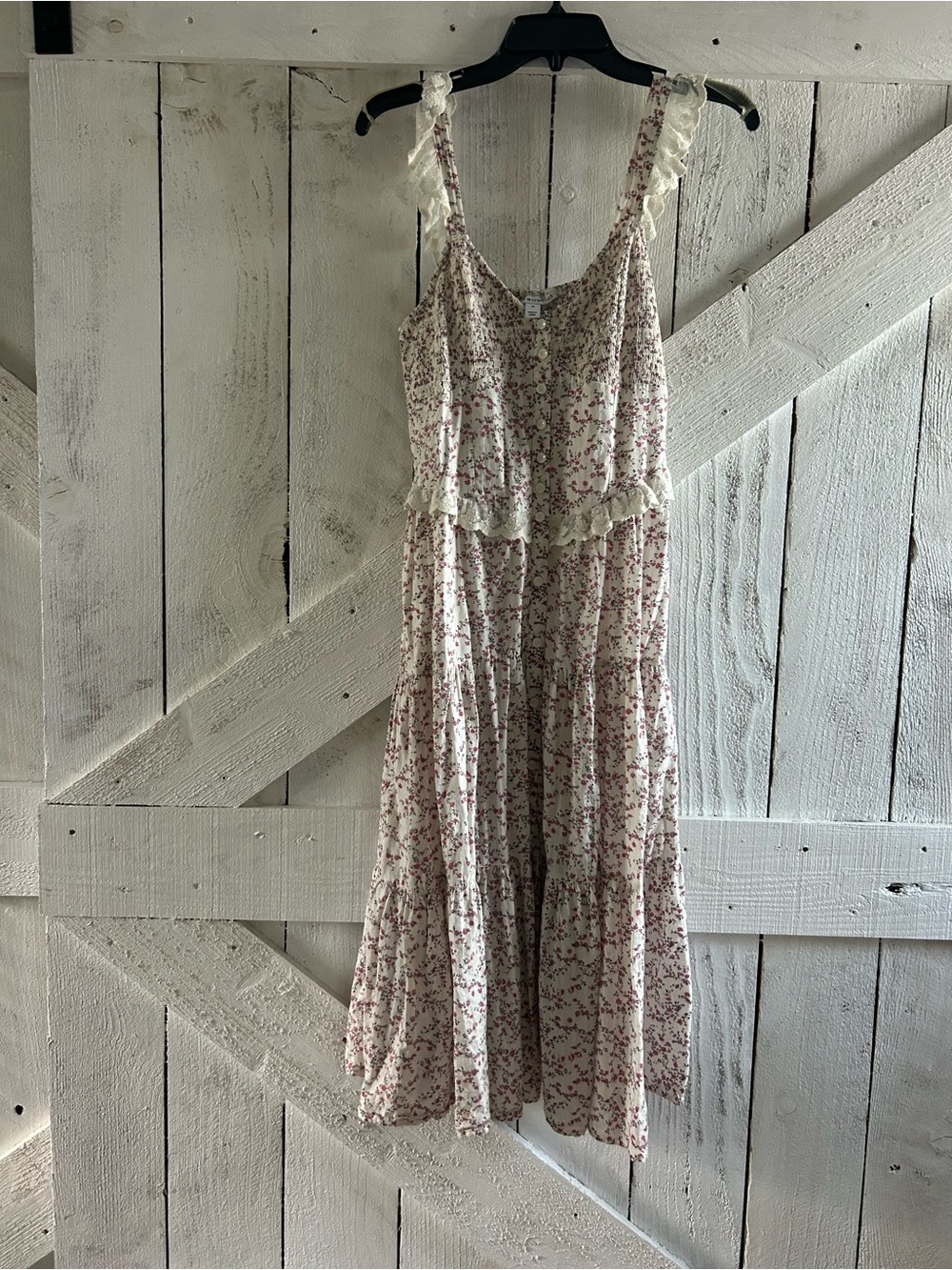 Ruffled Strap Floral Maxi Dress - Cream with Pink Print